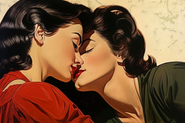 Ilustração de IA generativa de um casal de lésbicas caucasiano feliz apaixonado na ilustração do estilo dos anos 1950 Arte digital