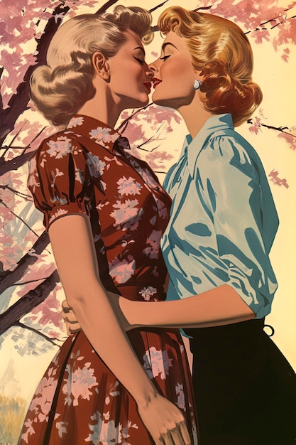 Ilustração de IA generativa de um casal de lésbicas caucasiano feliz apaixonado na ilustração do estilo dos anos 1950 Arte digital