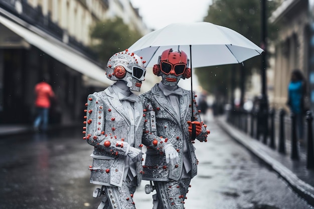 Ilustração de IA generativa de um casal de robôs de inteligência artificial homem e mulher apaixonados vestidos com ternos da moda com chapéu de óculos de sol e guarda-chuva andando pelas ruas