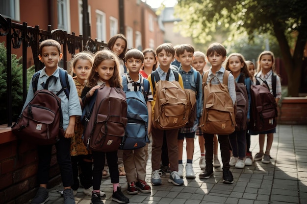 Ilustração de IA generativa de um grupo de alunos de 10 anos na entrada de uma escola no primeiro dia de aula