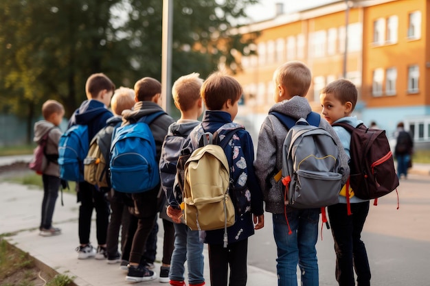 Ilustração de IA generativa de um grupo de alunos de 10 anos na entrada de uma escola no primeiro dia de aula