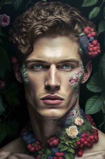 Ilustração de IA generativa de um homem bonito com flores