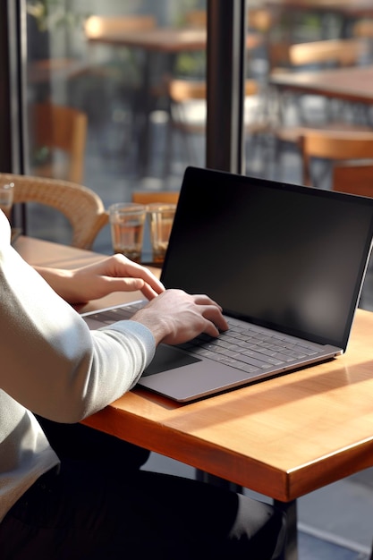 Foto ilustração de ia generativa de um homem por trás trabalhando com um laptop com uma tela estilo maquete
