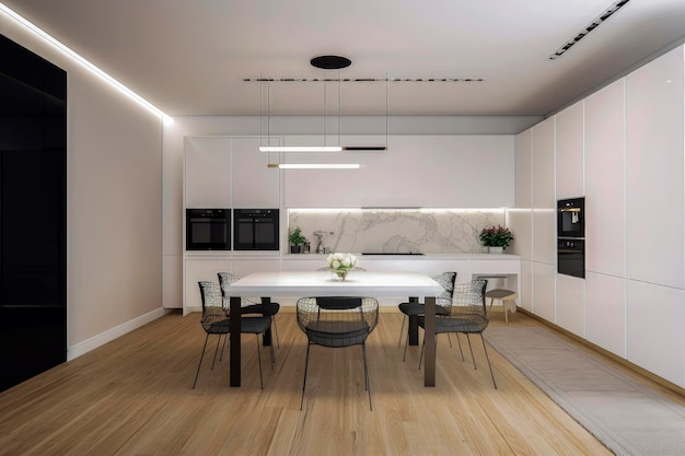 Ilustração de IA generativa de uma grande cozinha com decoração minimalista e móveis em branco