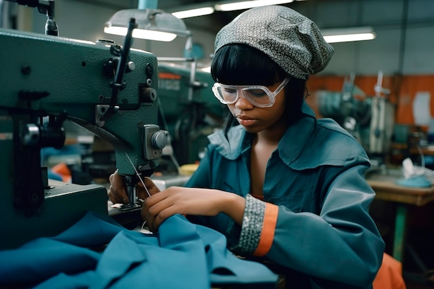 Ilustração de IA generativa de uma jovem negra trabalhando com franja em uma fábrica de roupas entre máquinas-ferramentas costurando roupas