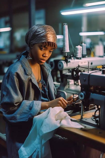 Ilustração de IA generativa de uma jovem negra trabalhando com franja em uma fábrica de roupas entre máquinas-ferramentas costurando roupas