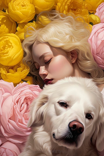 Ilustração de IA generativa de uma linda garota com um cachorro cercado por flores com fundos coloridos Estilo de ilustração Arte digital