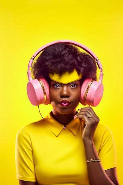 Ilustração de IA generativa de uma linda jovem negra com cabelo afro ouvindo música em fones de ouvido