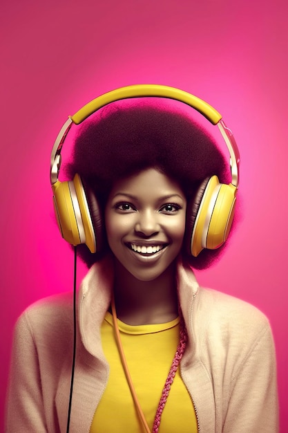 Ilustração de IA generativa de uma linda jovem negra com cabelo afro ouvindo música em fones de ouvido