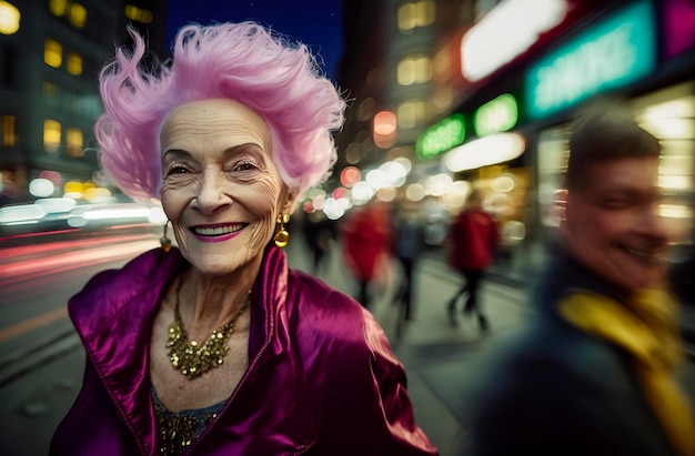 Ilustração de IA generativa de uma mulher engraçada de 65 anos com cabelo magenta se divertindo nas ruas