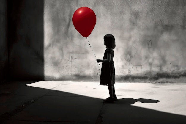 Ilustração de IA generativa de uma silhueta de uma garota segurando um balão vermelho
