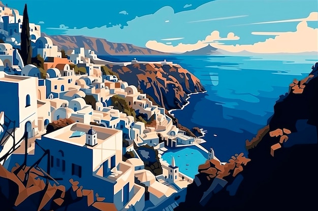 Ilustração de IA generativa de uma típica cidade litorânea mediterrânea em um dia ensolarado, vista de cima em estilo de ilustração