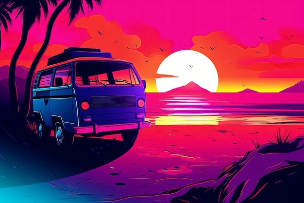 Foto ilustração de ia generativa de uma van sentada na praia ao pôr do sol no estilo de retrowave