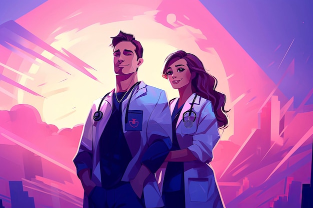 Ilustração de IA generativa do jovem casal médico vestido com jaleco branco em estilo de ilustração minimalista Arte digital Conceito de saúde