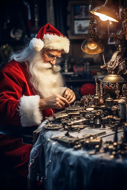 Ilustração de IA generativa do Papai Noel fazendo brinquedos em uma fábrica à luz de uma lâmpada nos dias de natal