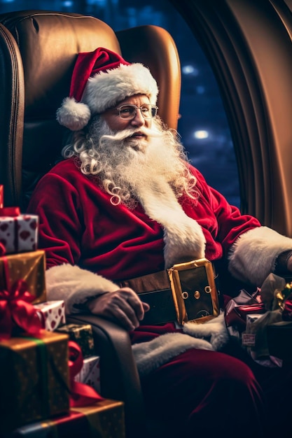 Ilustração de IA generativa do Papai Noel voando em um jato particular cercado por presentes prontos para entregar nos dias de Natal