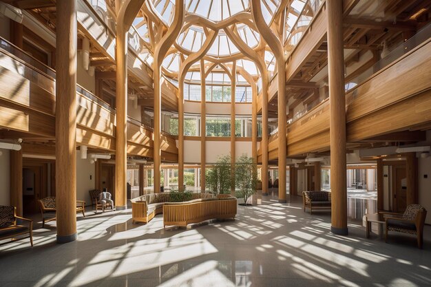 Ilustração de IA generativa do Projeto de Arquitetura Experimental, enorme átrio aberto, estrutura de madeira, grandiosidade, tetos altos
