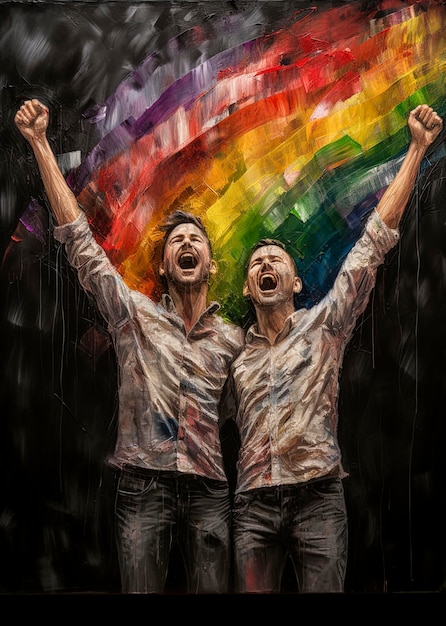 Ilustração de IA generativa do retrato de dois gays apaixonados e muito animados nas ruas da cidade