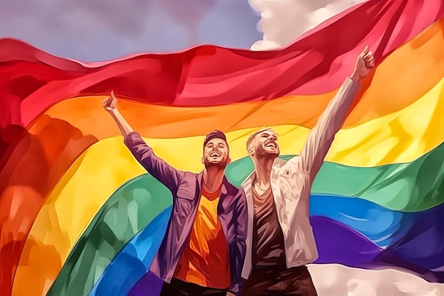 Ilustração de IA generativa do retrato de dois gays apaixonados e muito animados nas ruas da cidade