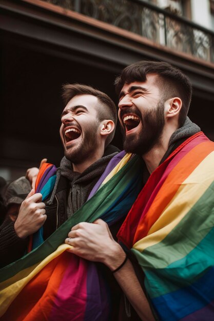 Foto ilustração de ia generativa do retrato de dois gays apaixonados e muito animados nas ruas da cidade