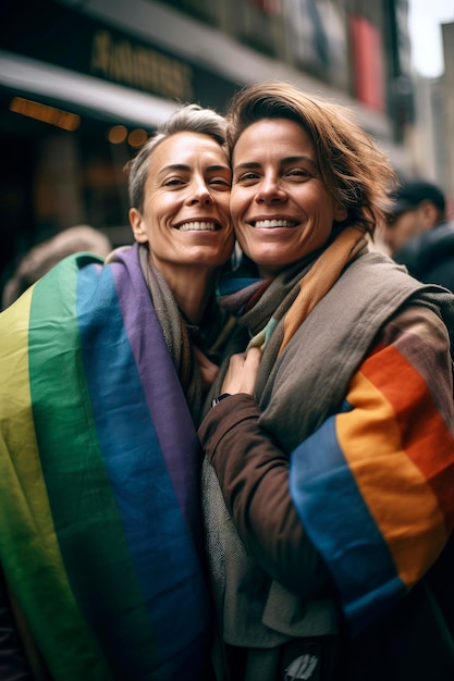 Ilustração de IA generativa do retrato de duas mulheres lésbicas apaixonadas felizes na cidade