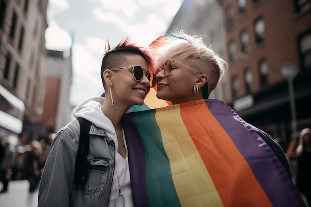 Foto ilustração de ia generativa do retrato de duas mulheres lésbicas apaixonadas felizes na cidade