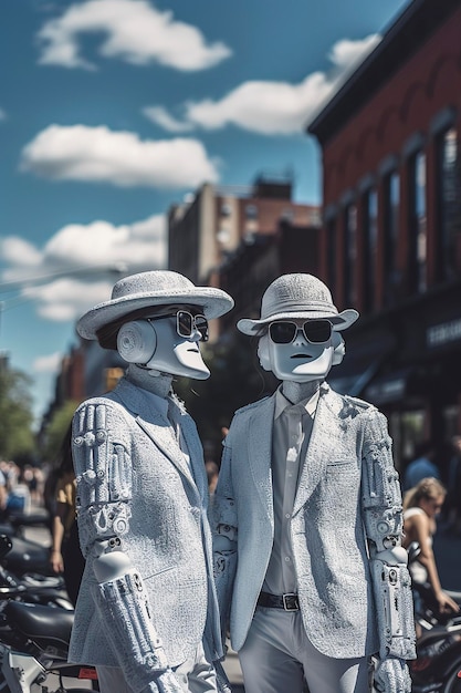 Ilustração de IA generativa do retrato de um casal de robôs de inteligência artificial homem e mulher apaixonados vestidos na última moda com óculos escuros e chapéu