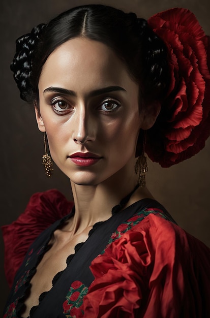 Ilustração de IA generativa do retrato de uma jovem em vestido de flamenco