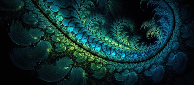 Foto ilustração de ia generativa panorâmica de fern fractal de torção azul e verde macro