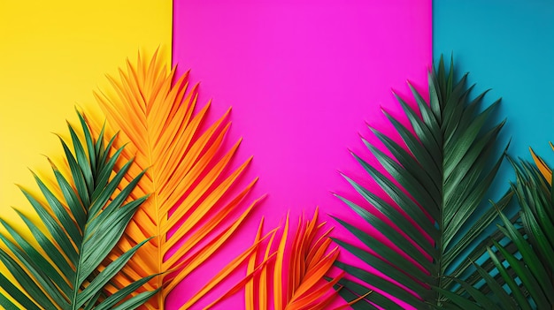 Ilustração de IA generativa Tropical e folhas de palmeira em cores holográficas brilhantes e ousadas em um fundo multicolorido brilhante Arte conceitual