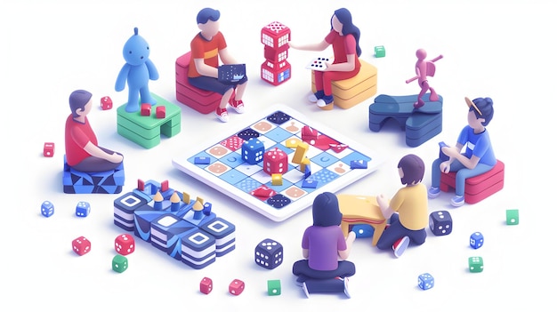 Foto ilustração de ícone plano 3d empregado e família se unem em competição amigável durante jogos de tabuleiro