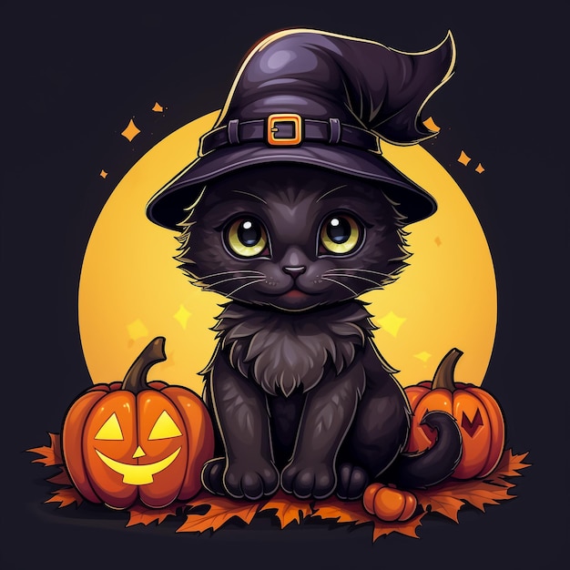 ilustração de imagem vetorial de gato com chapéu de bruxa e abóboras