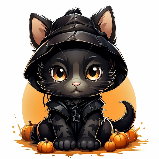 ilustração de imagem vetorial de gato com chapéu de bruxa e abóboras
