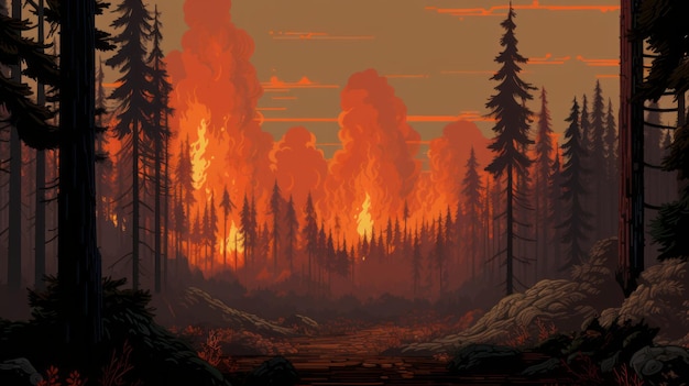 Ilustração de incêndio na floresta de pinheiros de Retrotransposon 8bit