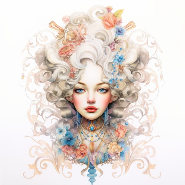 Ilustração de inspiração rococó de uma menina com cabelo loiro e flores