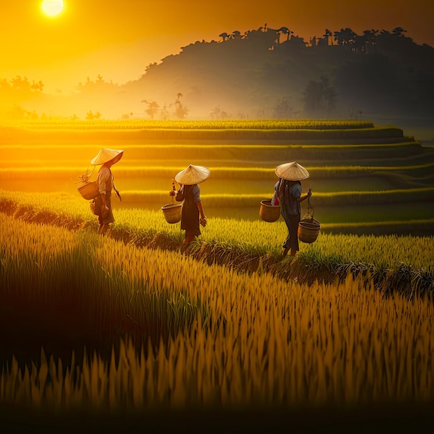 Ilustração de inteligência artificial de agricultores vietnamitas cultivando arroz em um pôr do sol de verão