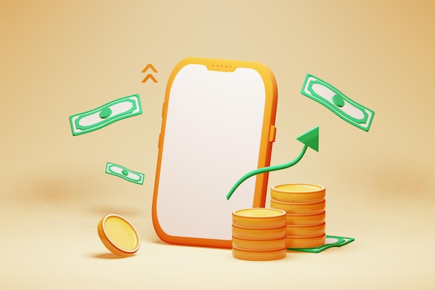 Ilustração de investimento financeiro com um telefone celular 3D, pilha de moedas, dinheiro e gráfico de crescimento