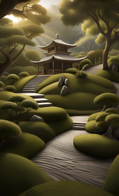 Ilustração de jardim zen japonês