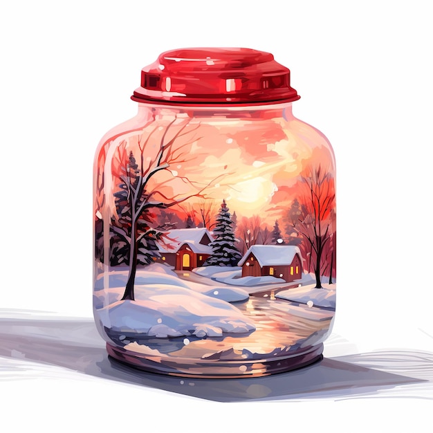 ilustração de jarra de vidro com pintura de uma casa vermelha