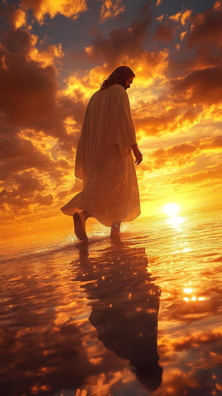 Foto ilustração de jesus caminhando sobre a água ao pôr-do-sol com reflexão