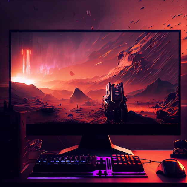 Foto ilustração de jogador de configuração de computador de desktop para jogos