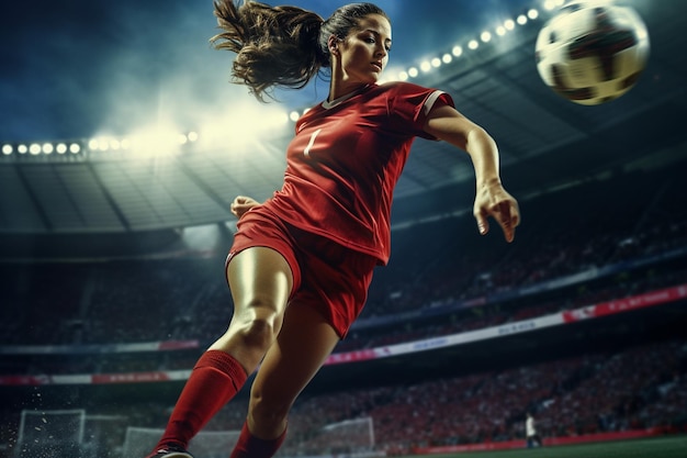 ilustração de jogador de futebol feminino no campo de futebol durante a noite