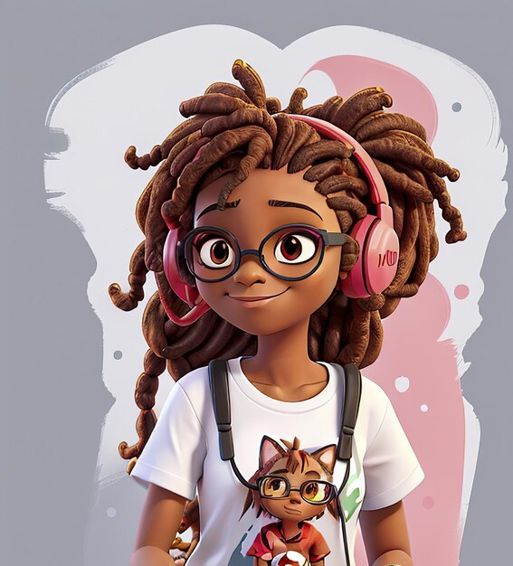 Foto ilustração de jovem negra com fones de ouvido dreadlocks e uma blusa catprint