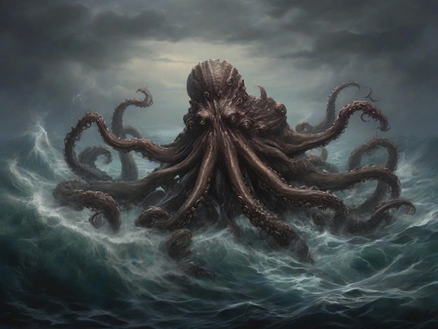 Ilustração de Kraken no Mar Ondulado