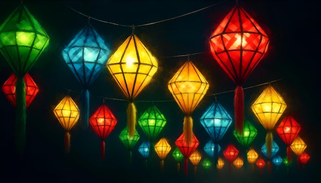 Ilustração de lanternas de papel coloridas em forma de diamante penduradas em fila à noite para a festa junina