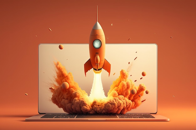 Ilustração de laptop e foguete fundo laranja Generative AI