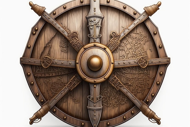 Ilustração de leme de madeira de navio pirata fundo branco Generative AI