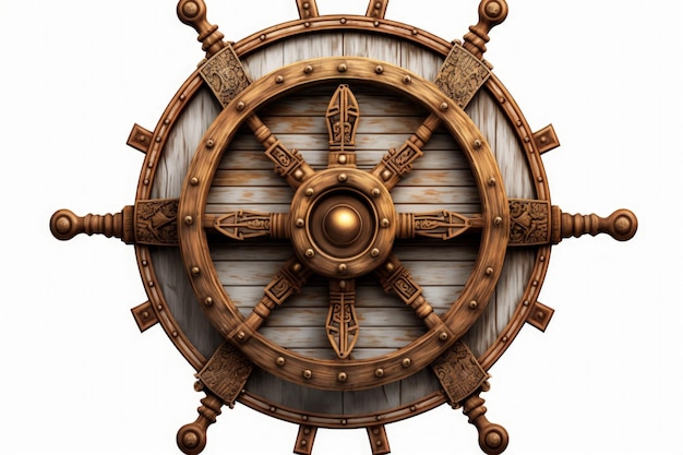 Ilustração de leme de madeira de navio pirata fundo branco Generative AI
