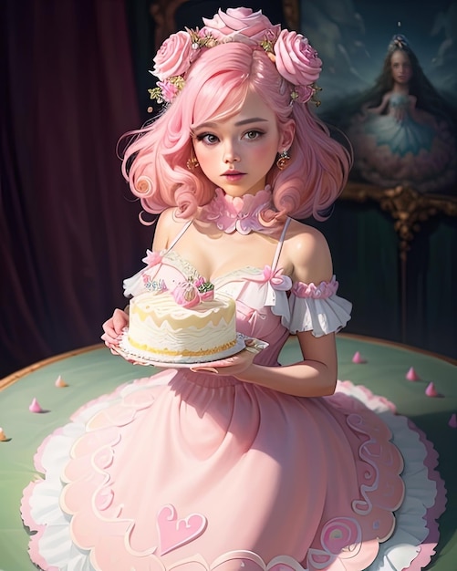 Ilustração de linda garota segurando o bolo
