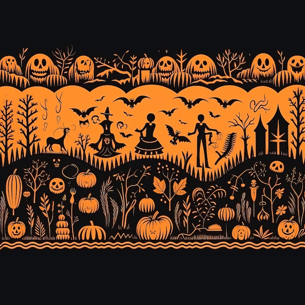 ilustração de linha de outono de halloween borda sem costura no estilo de iconografia pessoal